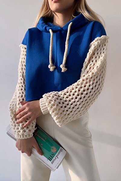 VAGGON Kadın Saks Kapüşonlu File Örgü Kol Bağcıklı Crop Sweatshirt Vs00939