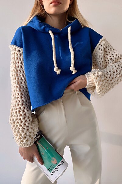 VAGGON Kadın Saks Kapüşonlu File Örgü Kol Bağcıklı Crop Sweatshirt Vs00939