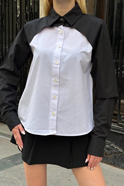 VAGGON Women's White Color Block Long Sleeve Oversize Shirt Vs00933