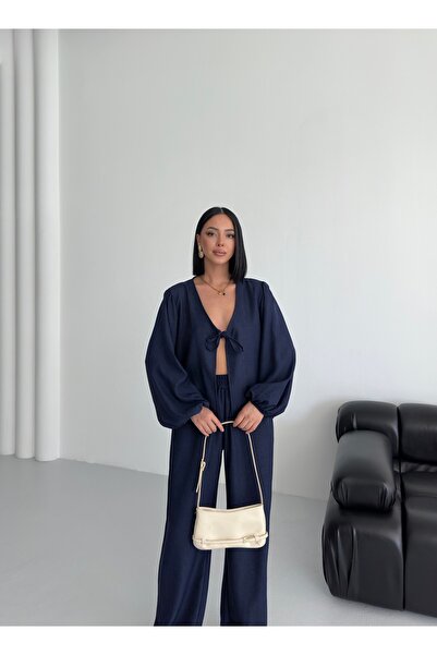 moda paketi Front Tie Long Sleeve Blouse & Pants Set - Linen - Suitable for Modest Wear