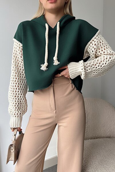 VAGGON Kadın Koyu Yeşil Kapüşonlu File Örgü Kol Bağcıklı Crop Sweatshirt Vs00939