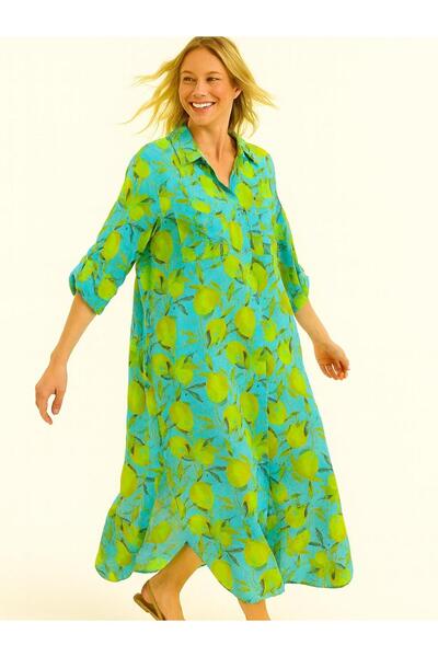 Butik İtalyan Pamuk Limon Desen Elbise - MAVİ