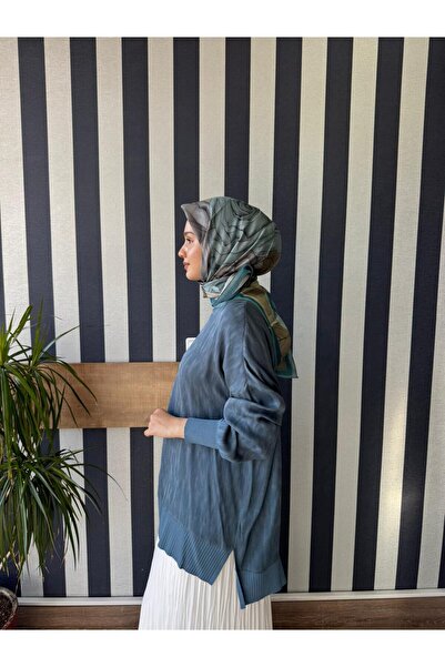 Nuss 3009 Kendinden Desenli İpek Cupra Tunik Mavi