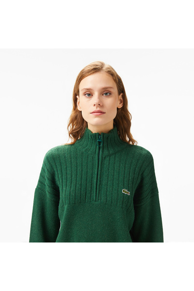 Lacoste Kadın Regular Fit Yarım Fermuarlı Renk Bloklu Yeşil Kazak