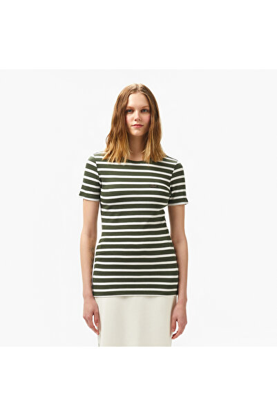 Lacoste Kadın Slim Fit Bisiklet Yaka Çizgili Koyu Yeşil T-Shirt