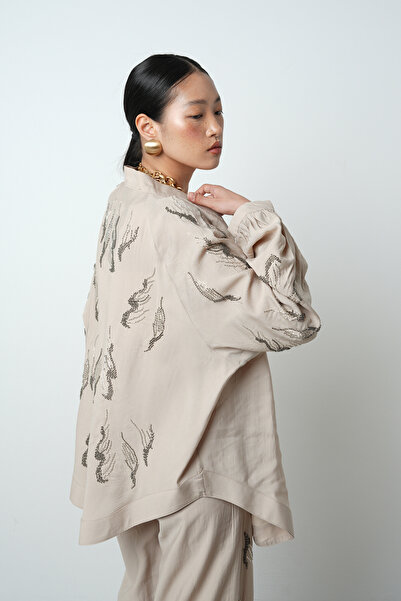 Orfeo Negro Women's Oversized Kimono with Stone Embroidery on the Back and Sleeves