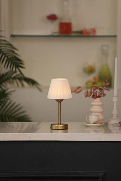 Maison Avf Osmanlı İpeği Pileli Kablosuz Şarjlı Masa Lambası - Alt Uzun Eskitme Gold