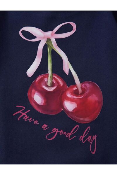 trendgar Φούτερ Cherry Good Day με κουκούλα, τσέπη καγκουρό και στάμπα, σε μπλε ναυτικό χρώμα.