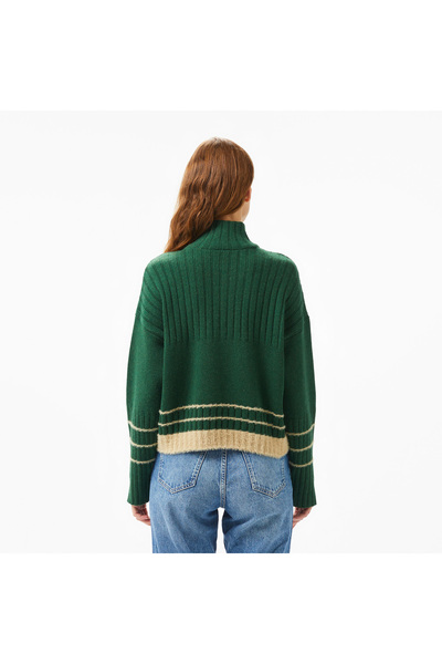 Lacoste Kadın Regular Fit Yarım Fermuarlı Renk Bloklu Yeşil Kazak