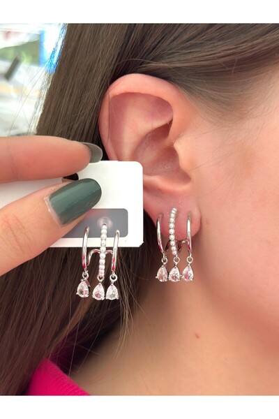 BY YASİN TOPÇU İnci ve Damla Taşlı Gümüş Küpe