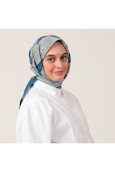 ipekistanbul Eșarfă din mătase de bumbac - Model indian - Albastru închis