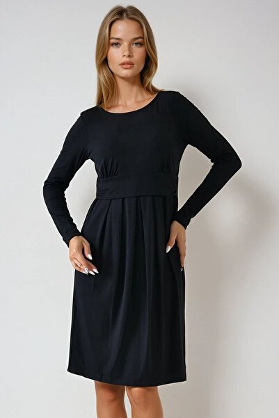 VAGGON Women's Black Round Neck Quarter Sleeve Waist Gathered Pleated Dress Vs00941