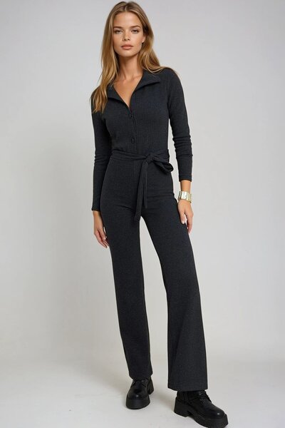 VAGGON Black Buttoned Belted Straight Leg Long Sleeve Jumpsuit