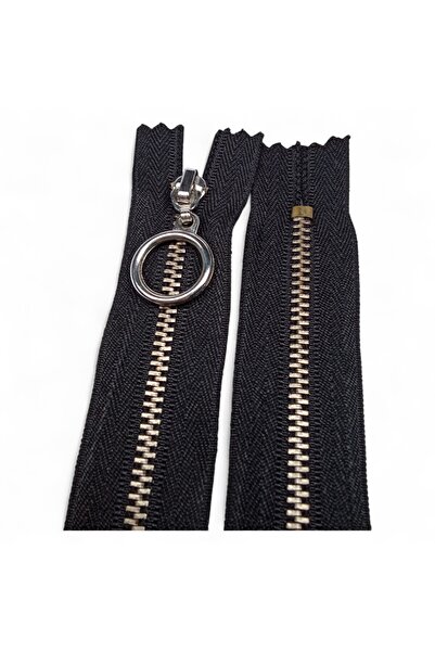 Kaf Kumaş Metalik Dişli Yuvarlak Halka Fermuar | Mont-Çanta Fermuarı Uzunluk: 25 cm Siyah