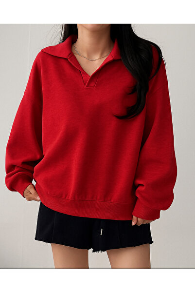 Deocept Unisex V-Yaka Polo Yakalı Basic Oversize Swetshirt