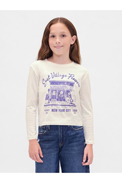 GAP Kız Çocuk Beyaz Relaxed Grafik Logo T-Shirt