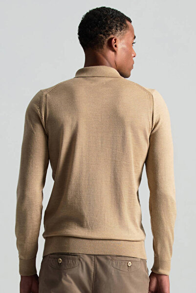 Hemington Merino Yün İpek Karışım Polo Yaka Yarım Fermuarlı Camel Triko