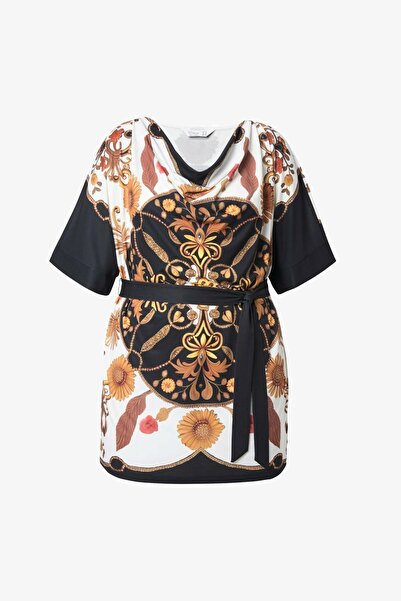 Şans Women's Plus Size Black-White, Floral Pattern, Bat Sleeve Tunic 65N39125