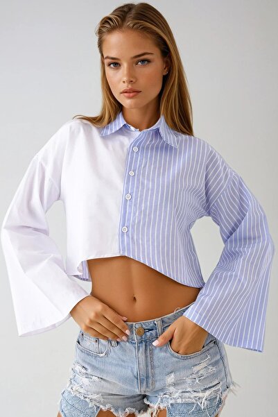 VAGGON Γυναικείο λευκό ριγέ φαρδύ μανίκι Crop πουκάμισο Vs00932