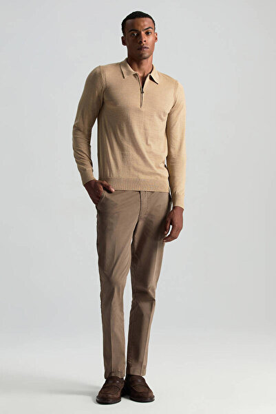Hemington Merino Yün İpek Karışım Polo Yaka Yarım Fermuarlı Camel Triko