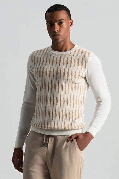 Hemington Merino Yün Şerit Desenli Ekru Bisiklet Yaka Triko