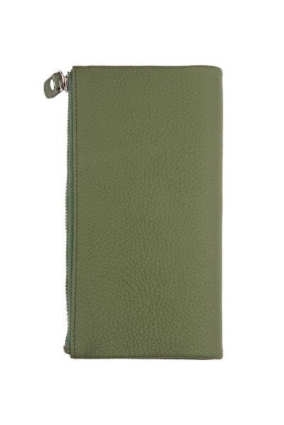 Deriderim Yeşil Fermuarlı Bölümlü Bol Kartlıklı Kağıt para Bölümlü Uzun Çıtçıt Kapamalı Kadın Deri Cüzdan