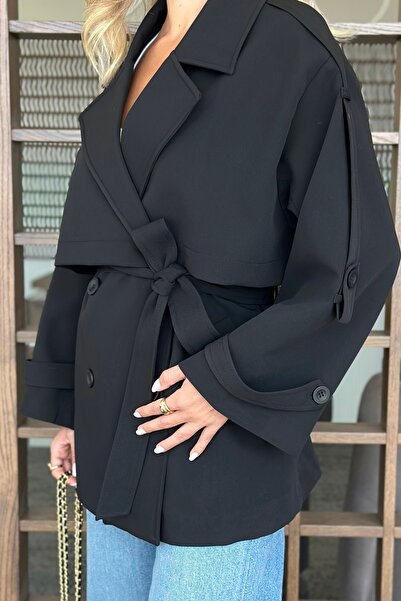 Laluvia Black Oversize Off Shoulder Short Trench - 9580