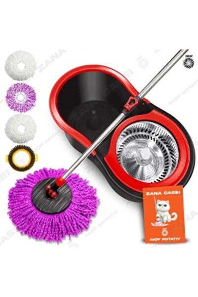 ZanaCasei Mop Zâna Casei® cu 4 Rezerve + Perie Bonus, Găleată din Inox, Coada...