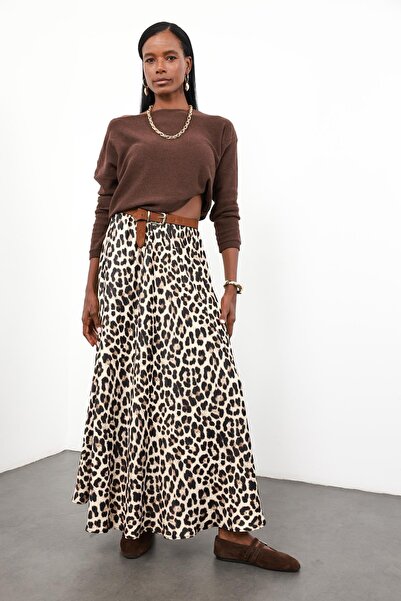 5in1Canpolat Brown Leopard Maxi Satin Skirt 50208