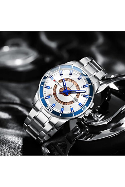 Curren Men’s Stainless Steel Analog Quartz Watch Silver Dial Blue Bezel Markers