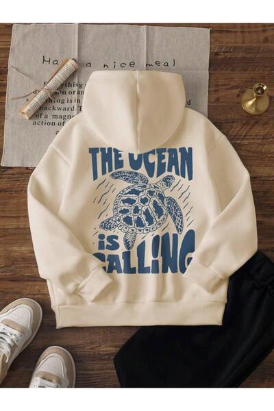 trendgar Φούτερ με κουκούλα με στάμπα Ocean, μπεζ, με τσέπη καγκουρό