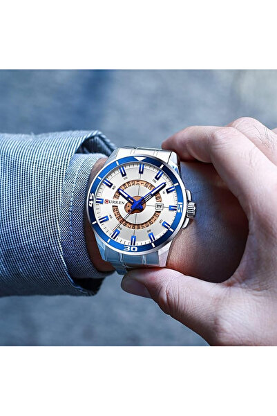 Curren Men’s Stainless Steel Analog Quartz Watch Silver Dial Blue Bezel Markers