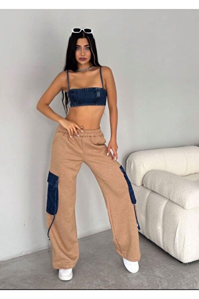 shcenco Color Block Denim Detailed Wide Leg Sweatpants with Cargo Pockets
