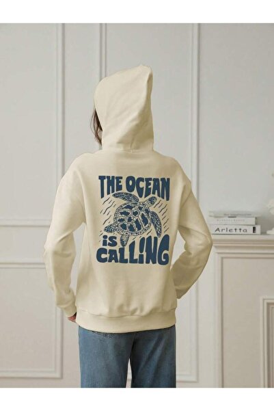 trendgar The Ocean Back Printed Beige Hooded Kangaroo Pocket Sweatshirt Hodie