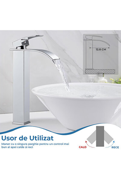 Elindor ® Tall Silver Waterfall Sink Faucet, Modern Single-Lever Bathroom Faucet, Double Control