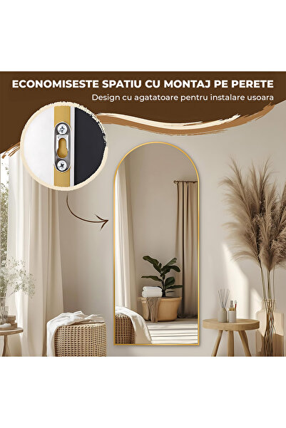 Elindor Oglindă de podea, 165 x 60 cm, cu suport, montare pe perete, oglindă completă pentru dormitor, aurie
