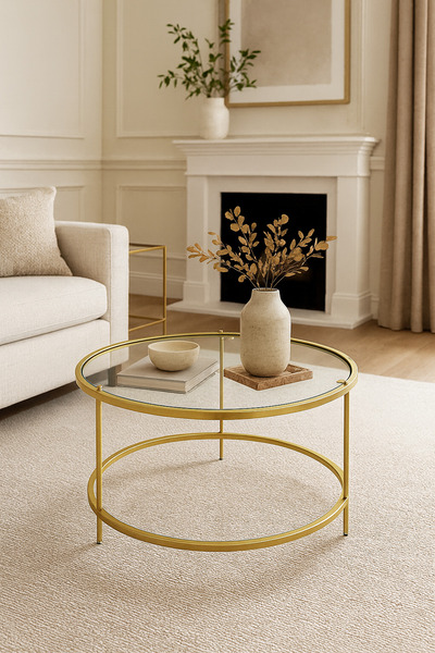 AssuCass Mars Metal Camlı Demonte Orta Sehpa Gold Şeffaf