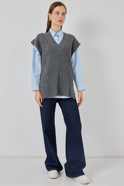 Bigdart Women's V-Neck Knitwear Sweater 15925 - Gray