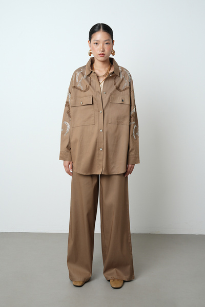 Orfeo Negro Kadın Çift Cepli Önü Boncuk İşlemeli Düz Renk Gömlek