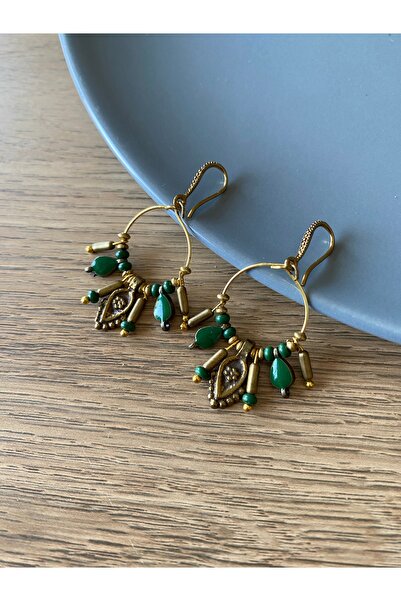 dela otantik Yeşil Boncuklu Halka Küpe | El Yapımı Bohem Tribal Etnik Takı