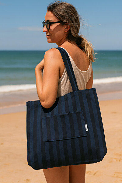 DENİMTİME Lacivert Şeritli Denim Kumaş Unisex Cepli Bez Plaj Çantası