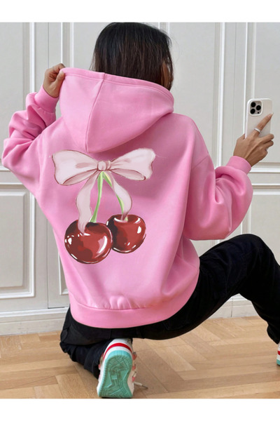 COHERENT Unisex Men/Women Colorful Cherry Custom Printed Cotton Oversize Hooded Sweatshirt