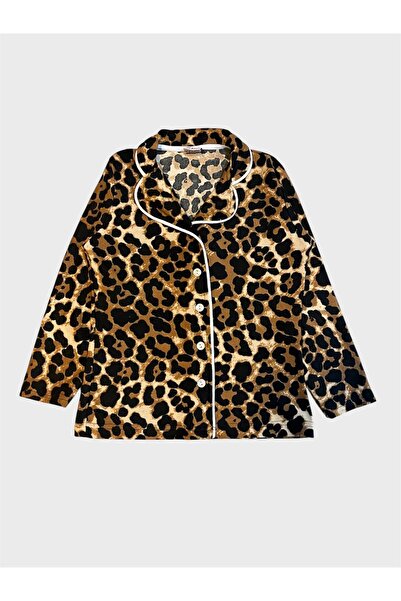 tusem butik homewear Σετ πιτζάμες για κορίτσια από βαμβακερό σουέτ ύφασμα καφέ με λεοπάρ σχέδιο με γιακά πουκάμισου