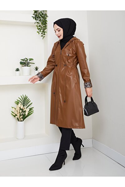 Hb Harma Time Butik Γυναικείο δερμάτινο μαύρο καπέλο με κουκούλα και φερμουάρ