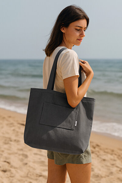 DENİMTİME Gri Denim Kumaş Unisex Cepli Bez Plaj Çantası