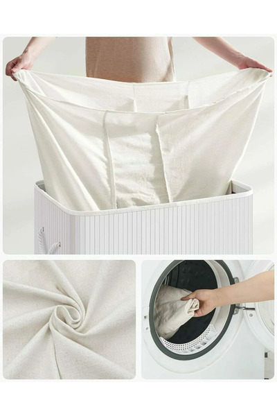 Optim Solution Coș de rufe pliabil din bambus, căptușeală detașabilă și lavabilă, 3 compartimente, 150L, 60x40x62cm, alb