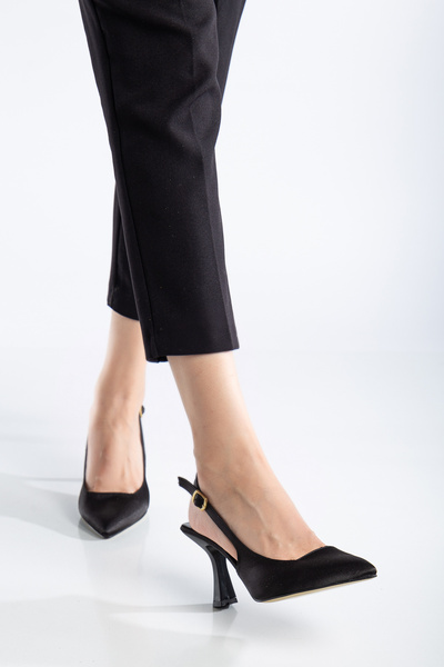 ŞIK STORE Satin Stiletto Pointed Toe Open Back Heeled Casual Comfortable Women's Black Heeled Shoes