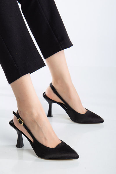 ŞIK STORE Satin Stiletto Pointed Toe Open Back Heeled Casual Comfortable Women's Black Heeled Shoes