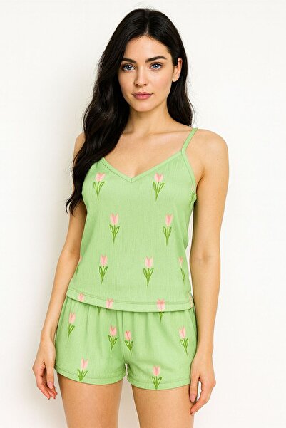 WİYONA Kadın Yeşil Çiçek Desenli Şortlu Pijama Takımı