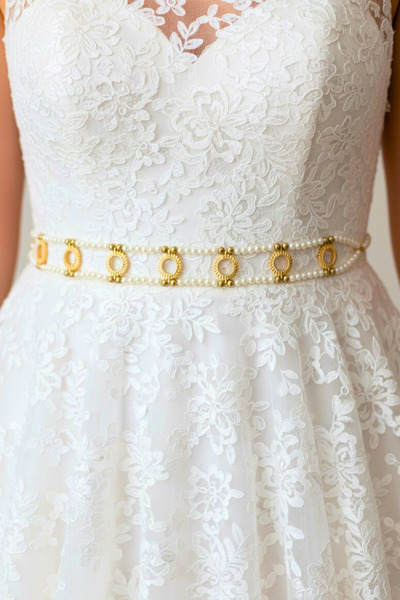 TwinsCollection Çeyrekli Altın Uyumlu 8mm Incili 7'li Bir Yerde Kemer - Gelin...